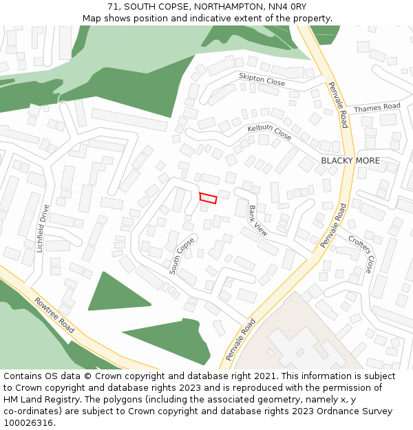 71, SOUTH COPSE, NORTHAMPTON, NN4 0RY: Location map and indicative extent of plot