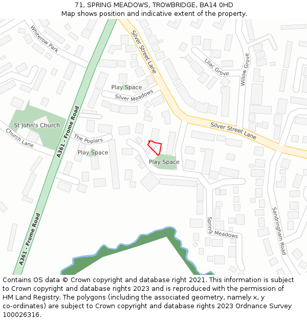 71, SPRING MEADOWS, TROWBRIDGE, BA14 0HD: Location map and indicative extent of plot