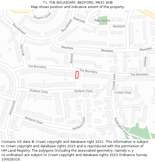 71, THE BOUNDARY, BEDFORD, MK41 9HB: Location map and indicative extent of plot