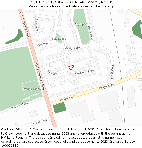 71, THE CIRCLE, GREAT BLAKENHAM, IPSWICH, IP6 0FD: Location map and indicative extent of plot