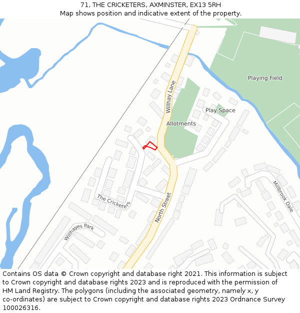 71, THE CRICKETERS, AXMINSTER, EX13 5RH: Location map and indicative extent of plot