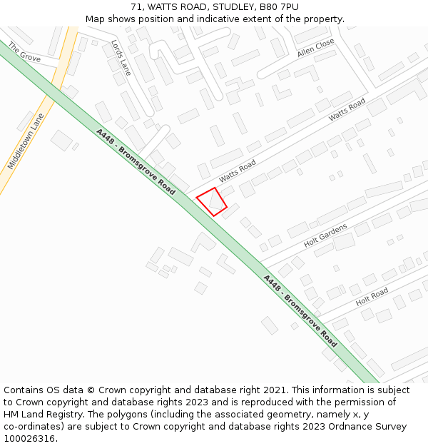 71, WATTS ROAD, STUDLEY, B80 7PU: Location map and indicative extent of plot