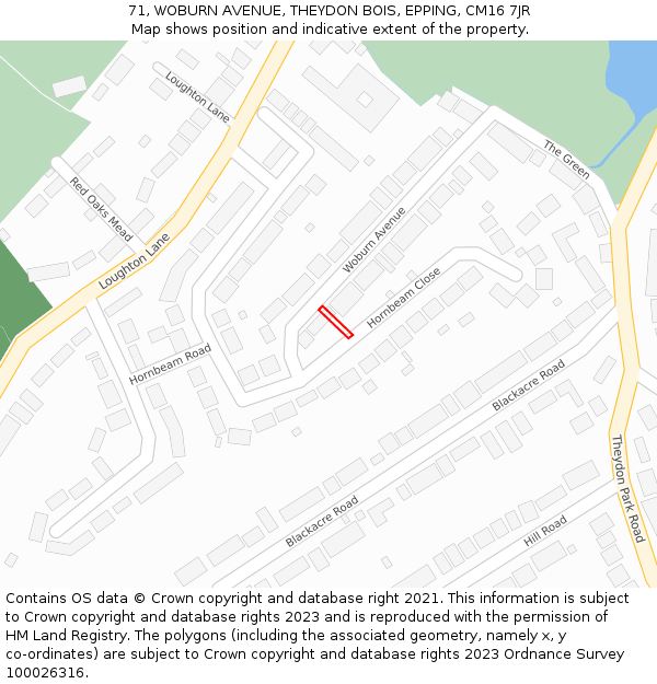 71, WOBURN AVENUE, THEYDON BOIS, EPPING, CM16 7JR: Location map and indicative extent of plot