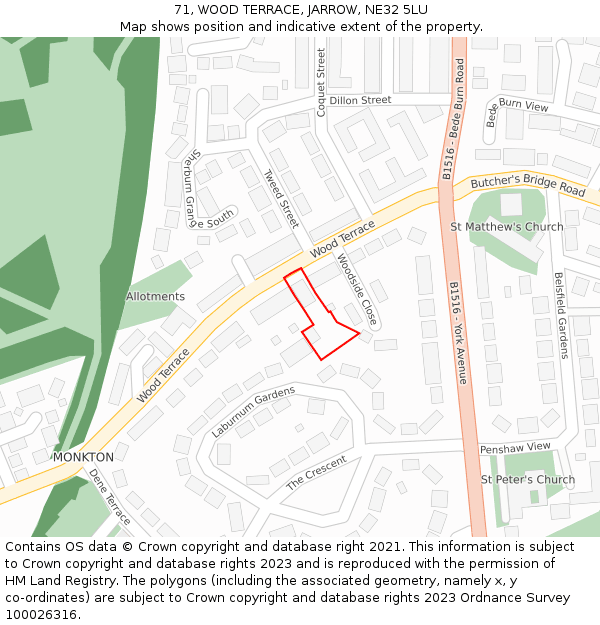 71, WOOD TERRACE, JARROW, NE32 5LU: Location map and indicative extent of plot