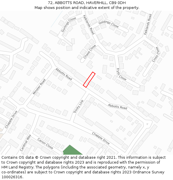 72, ABBOTTS ROAD, HAVERHILL, CB9 0DH: Location map and indicative extent of plot