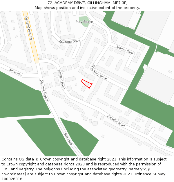 72, ACADEMY DRIVE, GILLINGHAM, ME7 3EJ: Location map and indicative extent of plot