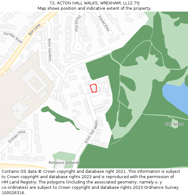 72, ACTON HALL WALKS, WREXHAM, LL12 7YJ: Location map and indicative extent of plot