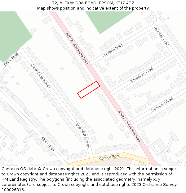 72, ALEXANDRA ROAD, EPSOM, KT17 4BZ: Location map and indicative extent of plot