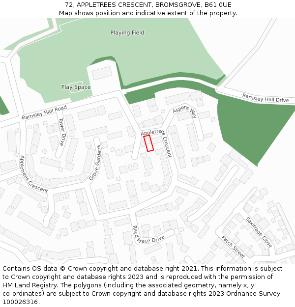 72, APPLETREES CRESCENT, BROMSGROVE, B61 0UE: Location map and indicative extent of plot