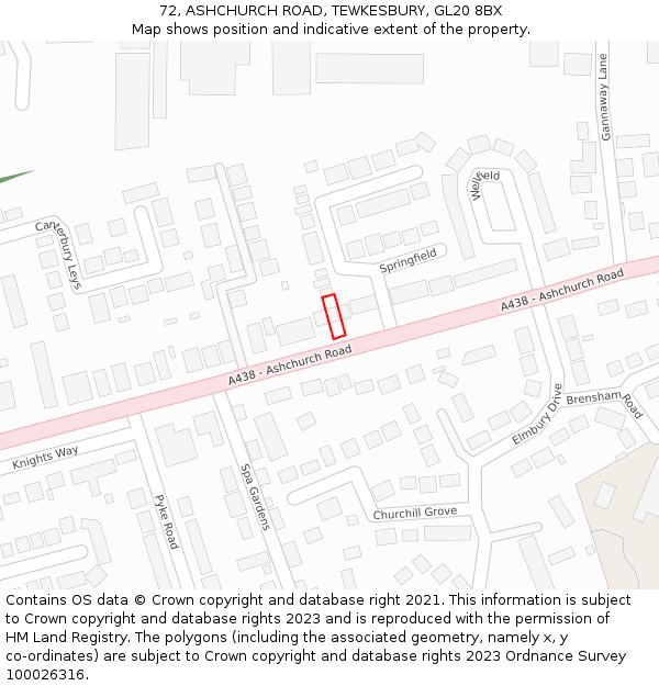 72, ASHCHURCH ROAD, TEWKESBURY, GL20 8BX: Location map and indicative extent of plot