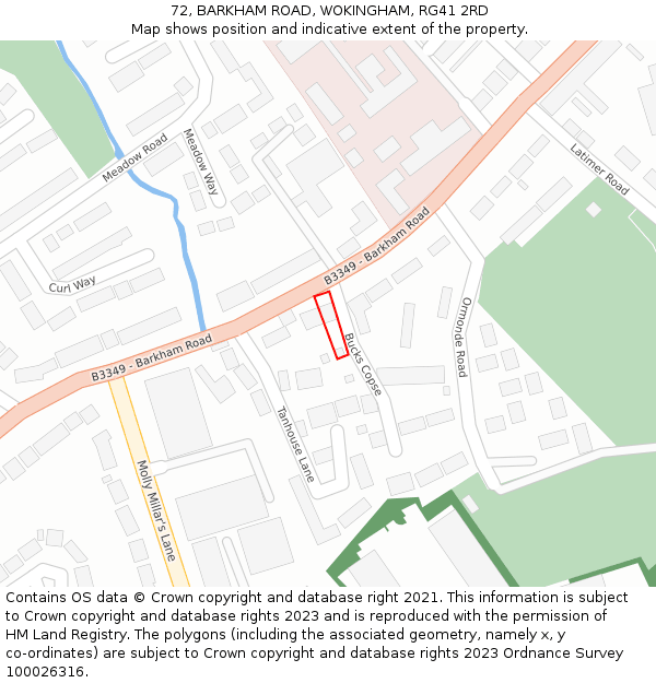 72, BARKHAM ROAD, WOKINGHAM, RG41 2RD: Location map and indicative extent of plot