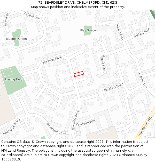 72, BEARDSLEY DRIVE, CHELMSFORD, CM1 6ZG: Location map and indicative extent of plot