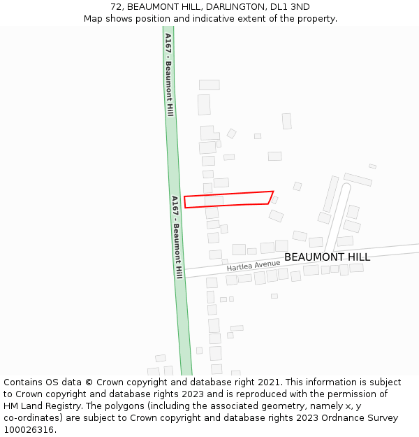 72, BEAUMONT HILL, DARLINGTON, DL1 3ND: Location map and indicative extent of plot