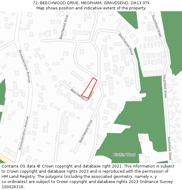 72, BEECHWOOD DRIVE, MEOPHAM, GRAVESEND, DA13 0TX: Location map and indicative extent of plot
