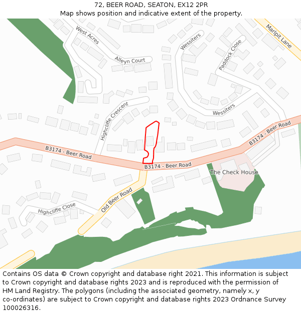 72, BEER ROAD, SEATON, EX12 2PR: Location map and indicative extent of plot