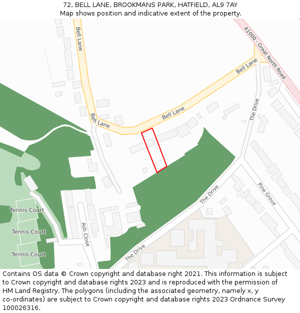 72, BELL LANE, BROOKMANS PARK, HATFIELD, AL9 7AY: Location map and indicative extent of plot