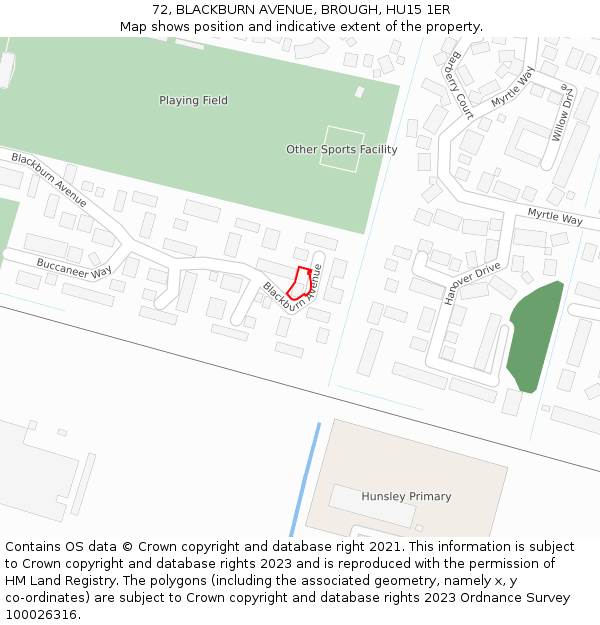 72, BLACKBURN AVENUE, BROUGH, HU15 1ER: Location map and indicative extent of plot