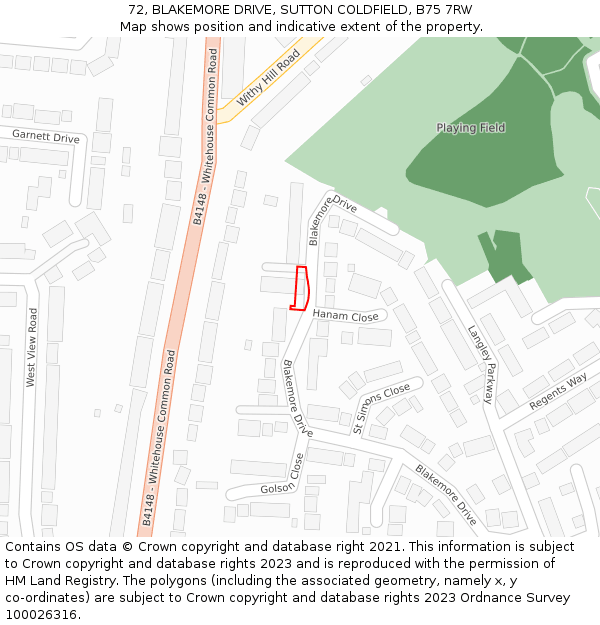 72, BLAKEMORE DRIVE, SUTTON COLDFIELD, B75 7RW: Location map and indicative extent of plot