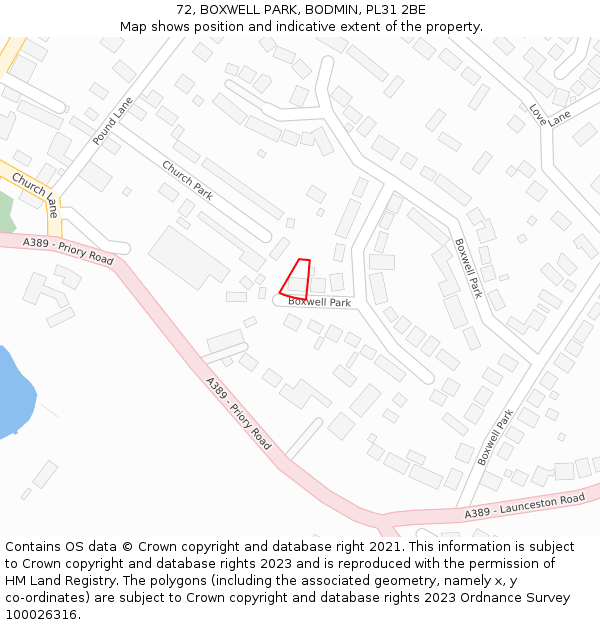 72, BOXWELL PARK, BODMIN, PL31 2BE: Location map and indicative extent of plot