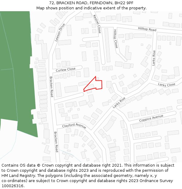 72, BRACKEN ROAD, FERNDOWN, BH22 9PF: Location map and indicative extent of plot