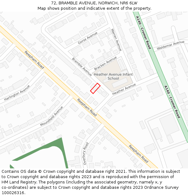 72, BRAMBLE AVENUE, NORWICH, NR6 6LW: Location map and indicative extent of plot