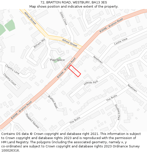 72, BRATTON ROAD, WESTBURY, BA13 3ES: Location map and indicative extent of plot