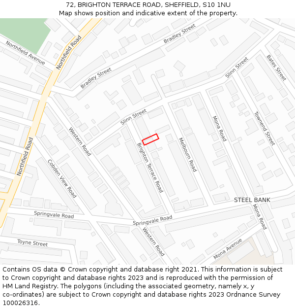 72, BRIGHTON TERRACE ROAD, SHEFFIELD, S10 1NU: Location map and indicative extent of plot