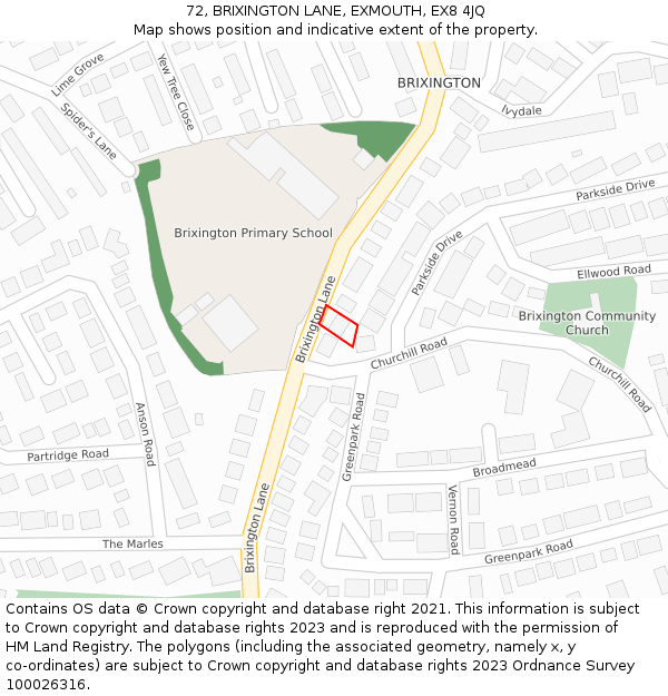 72, BRIXINGTON LANE, EXMOUTH, EX8 4JQ: Location map and indicative extent of plot