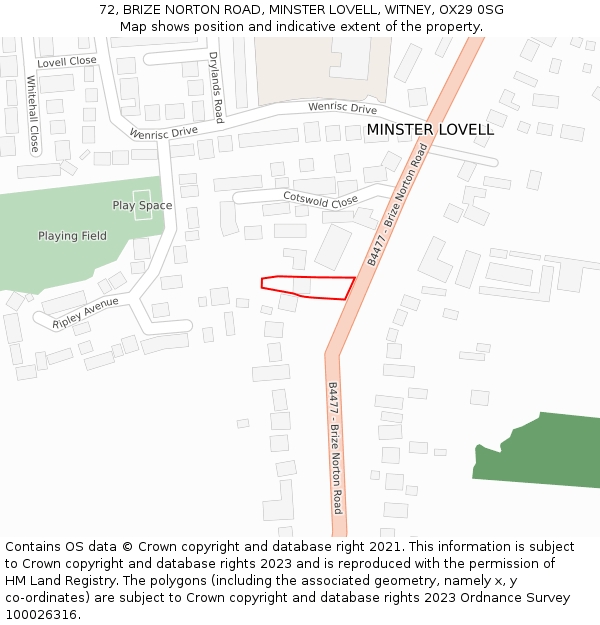 72, BRIZE NORTON ROAD, MINSTER LOVELL, WITNEY, OX29 0SG: Location map and indicative extent of plot