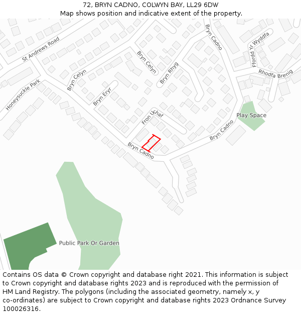 72, BRYN CADNO, COLWYN BAY, LL29 6DW: Location map and indicative extent of plot