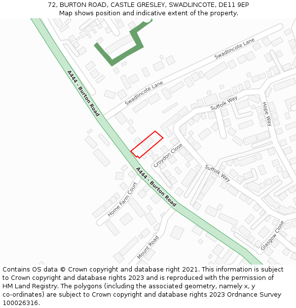 72, BURTON ROAD, CASTLE GRESLEY, SWADLINCOTE, DE11 9EP: Location map and indicative extent of plot