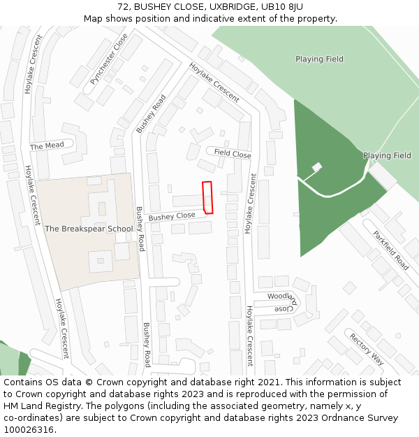 72, BUSHEY CLOSE, UXBRIDGE, UB10 8JU: Location map and indicative extent of plot