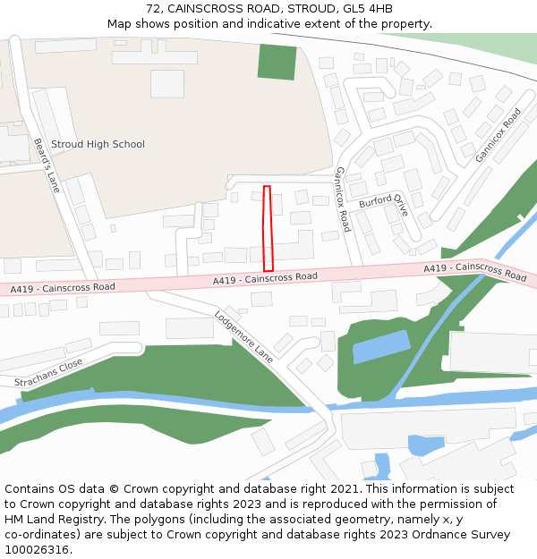 72, CAINSCROSS ROAD, STROUD, GL5 4HB: Location map and indicative extent of plot