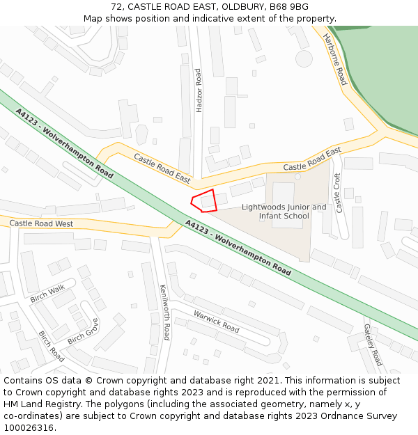 72, CASTLE ROAD EAST, OLDBURY, B68 9BG: Location map and indicative extent of plot