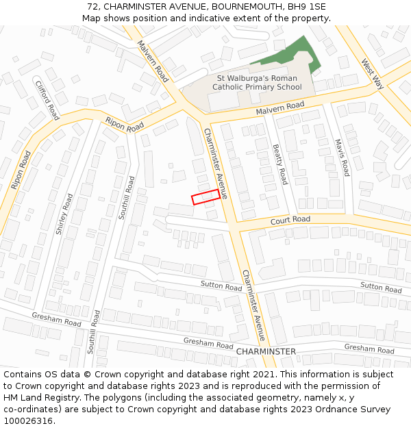 72, CHARMINSTER AVENUE, BOURNEMOUTH, BH9 1SE: Location map and indicative extent of plot