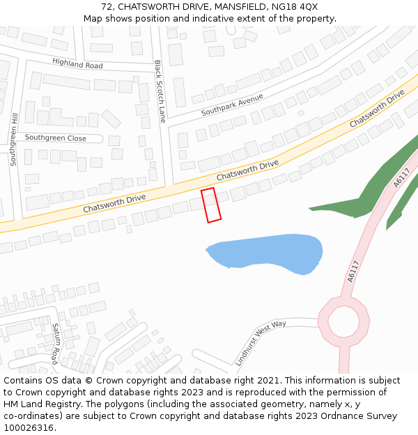 72, CHATSWORTH DRIVE, MANSFIELD, NG18 4QX: Location map and indicative extent of plot