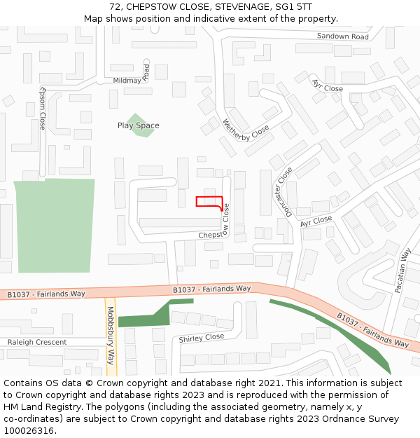 72, CHEPSTOW CLOSE, STEVENAGE, SG1 5TT: Location map and indicative extent of plot