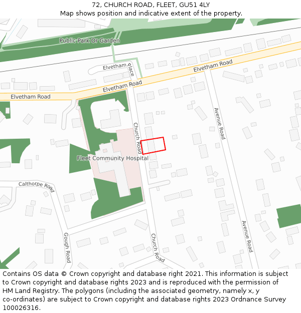 72, CHURCH ROAD, FLEET, GU51 4LY: Location map and indicative extent of plot