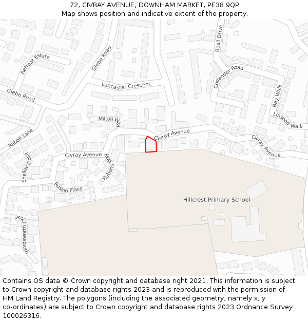 72, CIVRAY AVENUE, DOWNHAM MARKET, PE38 9QP: Location map and indicative extent of plot