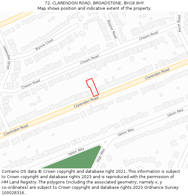 72, CLARENDON ROAD, BROADSTONE, BH18 9HY: Location map and indicative extent of plot