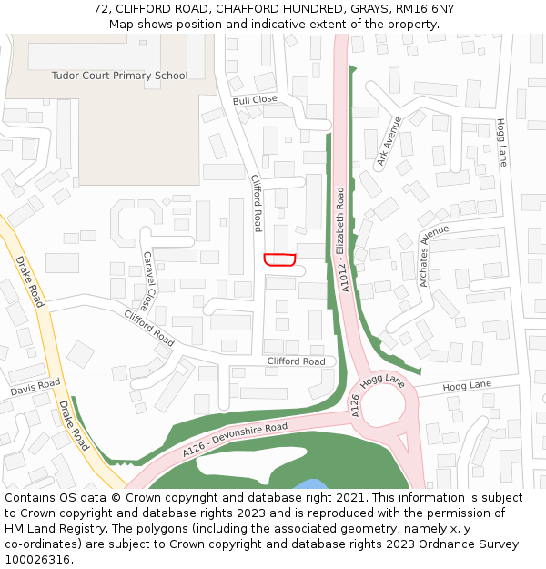 72, CLIFFORD ROAD, CHAFFORD HUNDRED, GRAYS, RM16 6NY: Location map and indicative extent of plot