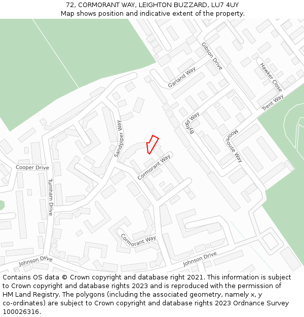 72, CORMORANT WAY, LEIGHTON BUZZARD, LU7 4UY: Location map and indicative extent of plot