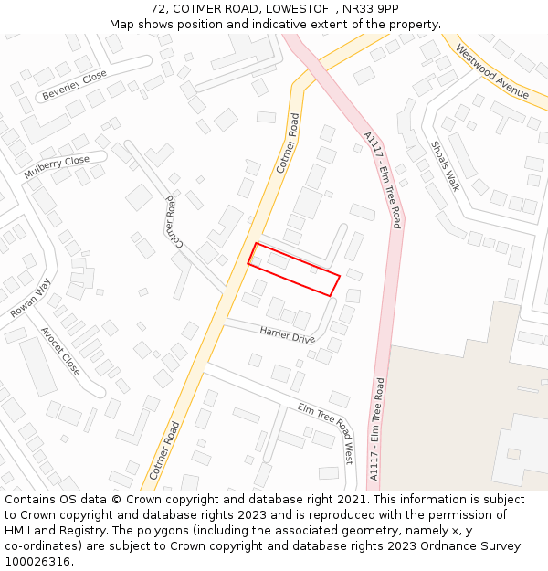 72, COTMER ROAD, LOWESTOFT, NR33 9PP: Location map and indicative extent of plot