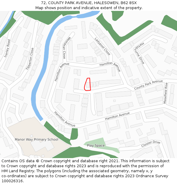 72, COUNTY PARK AVENUE, HALESOWEN, B62 8SX: Location map and indicative extent of plot