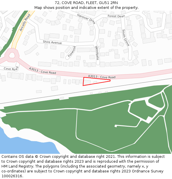 72, COVE ROAD, FLEET, GU51 2RN: Location map and indicative extent of plot