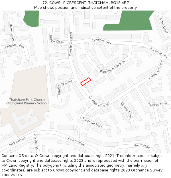 72, COWSLIP CRESCENT, THATCHAM, RG18 4BZ: Location map and indicative extent of plot