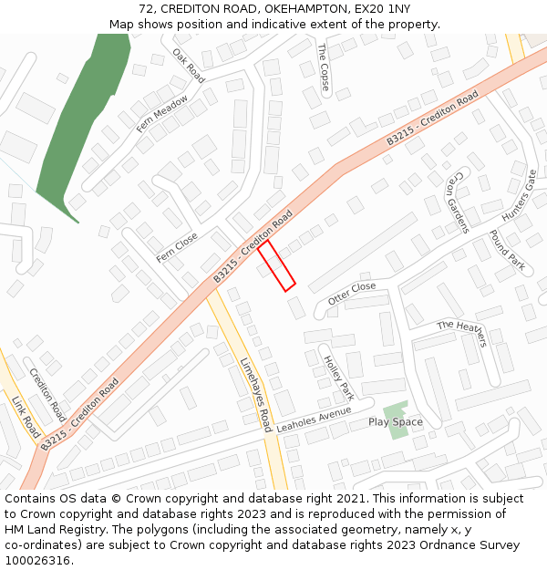 72, CREDITON ROAD, OKEHAMPTON, EX20 1NY: Location map and indicative extent of plot