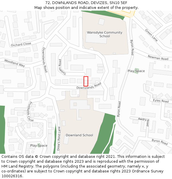 72, DOWNLANDS ROAD, DEVIZES, SN10 5EF: Location map and indicative extent of plot