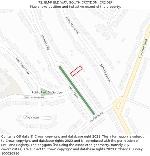 72, ELMFIELD WAY, SOUTH CROYDON, CR2 0EF: Location map and indicative extent of plot