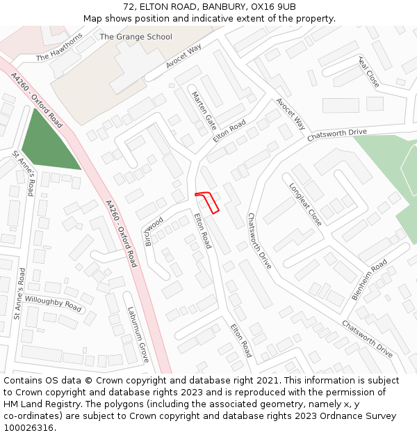 72, ELTON ROAD, BANBURY, OX16 9UB: Location map and indicative extent of plot